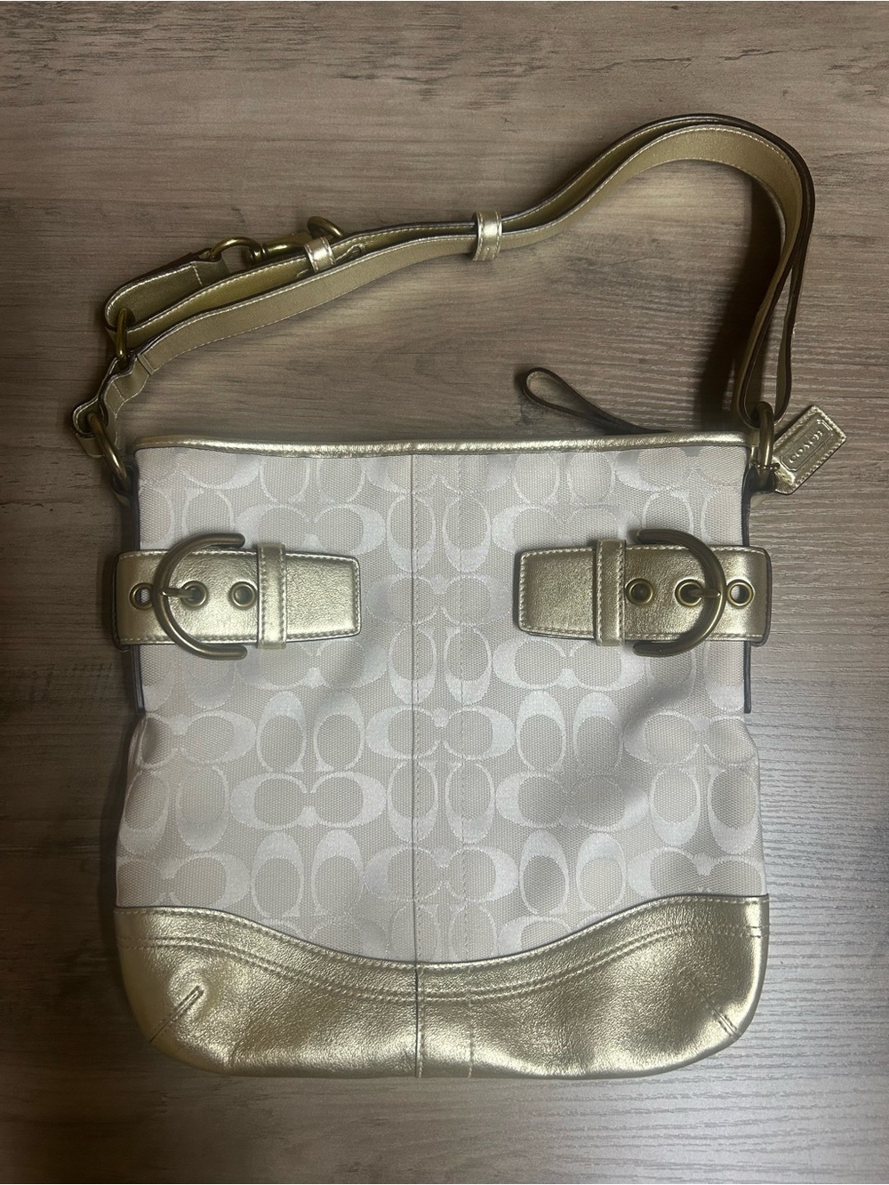 Coach Signature Ivory/Gold Metallic Leather Shoulder Bag